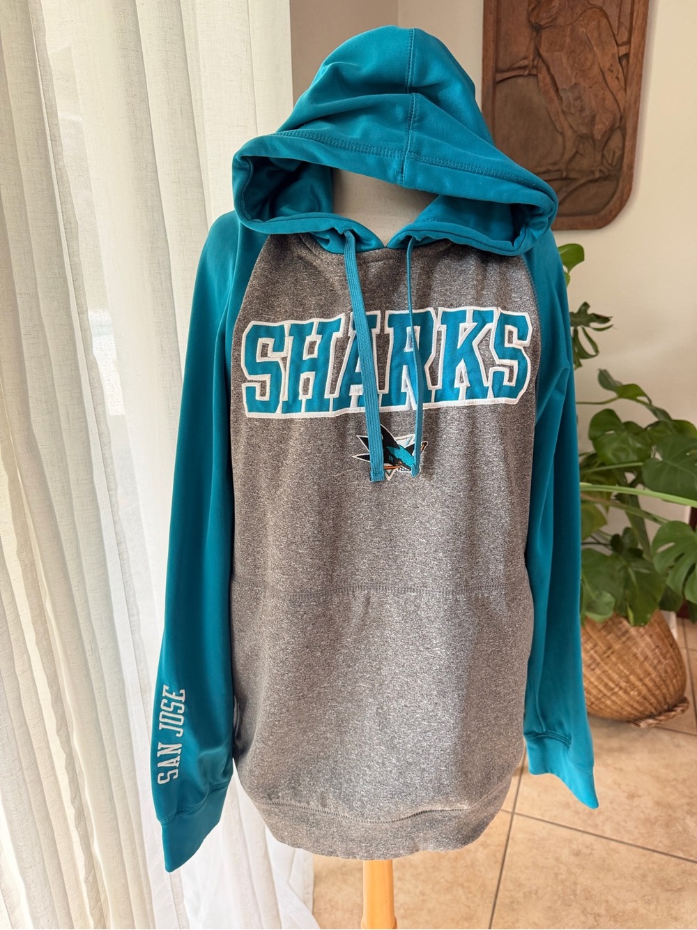 San Jose Sharks Hoodie NHL Gray Teal Pullover Sweatshirt Size L